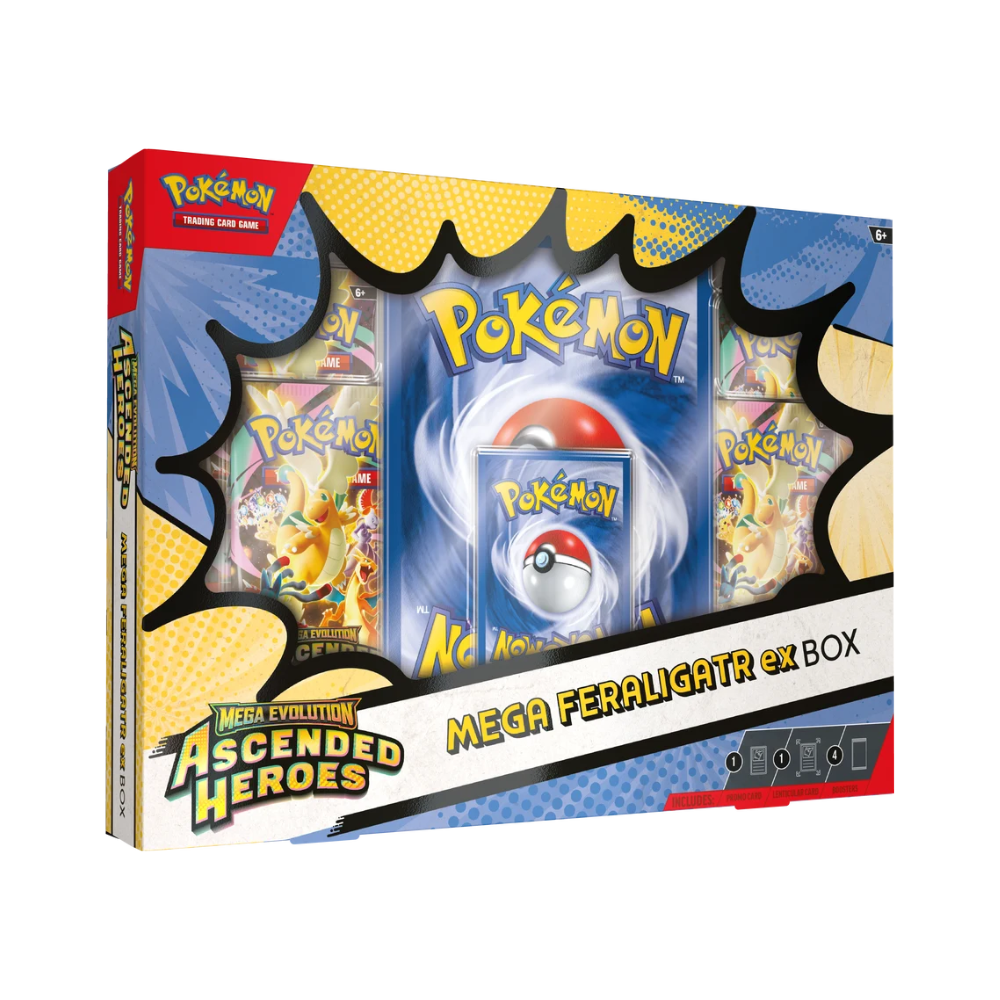 Pokémon TCG Mega Evolution Ascended Heroes Mega Feraligatr ex Box, englische Edition, Collection Box mit Foil-Promo, Lenticular-Jumbo und Booster-Packs
