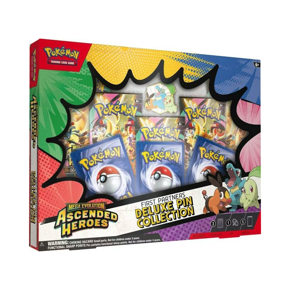 Pokémon TCG Mega Evolution Ascended Heroes First Partners Deluxe Pin Collection, englische Ausgabe – Sammelbox mit drei Promo-Karten, Deluxe-Emaille-Pin und fünf Boosterpacks